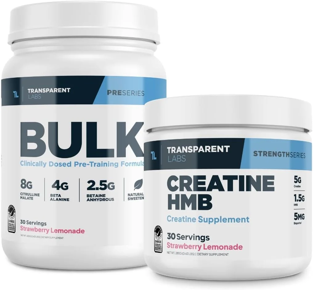 پودر مکمل ورزشی Transparent Labs Bulk (30 سروینگ، طعم لیموناد توت فرنگی) و کراتین HMB (30 سروینگ، طعم لیموناد توت فرنگی)