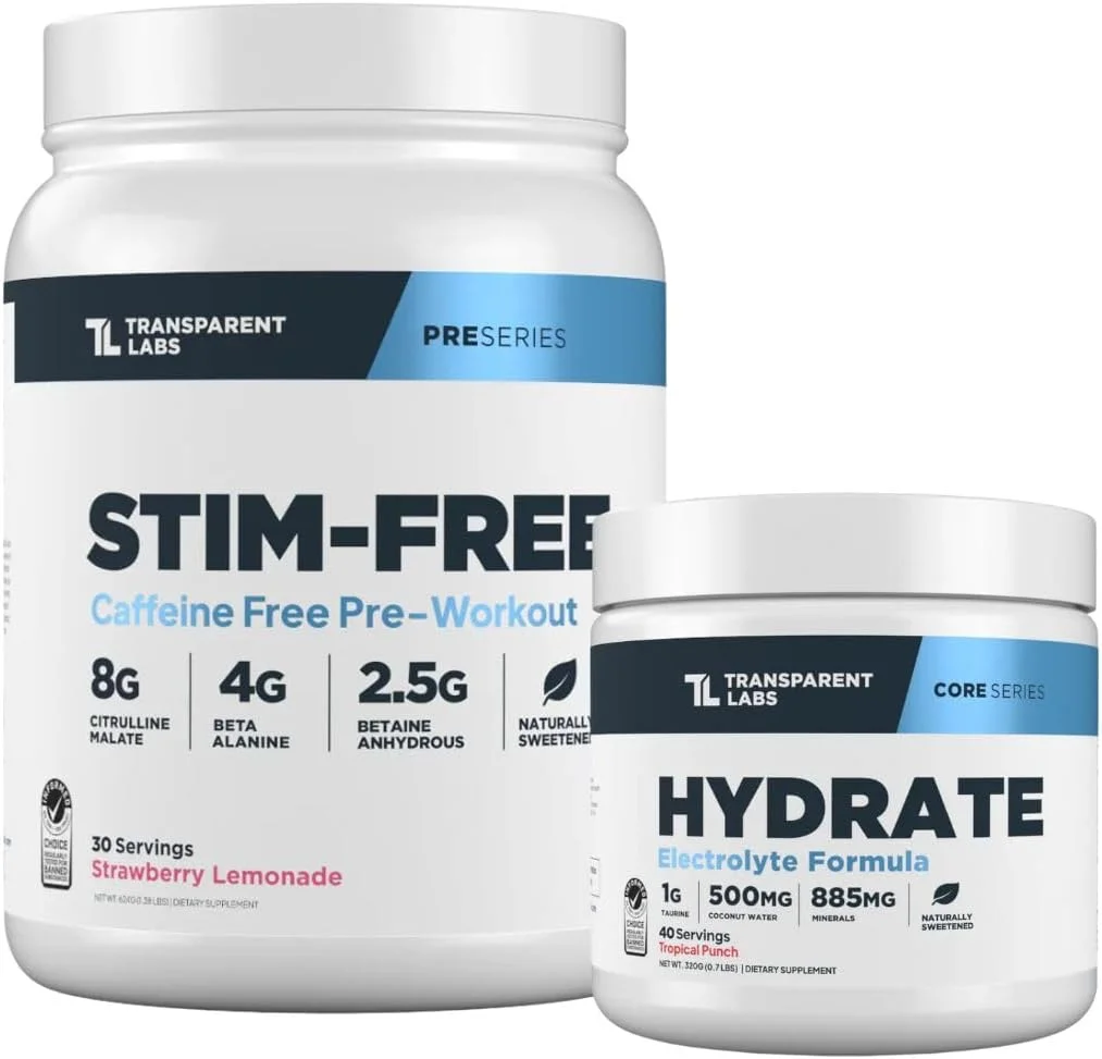 پودر قبل از تمرین بدون محرک ترنسپرنت لبز (30 سروینگ، لیموناد توت فرنگی) و پودر الکترولیت آبرسان (40 سروینگ، پانچ استوایی)