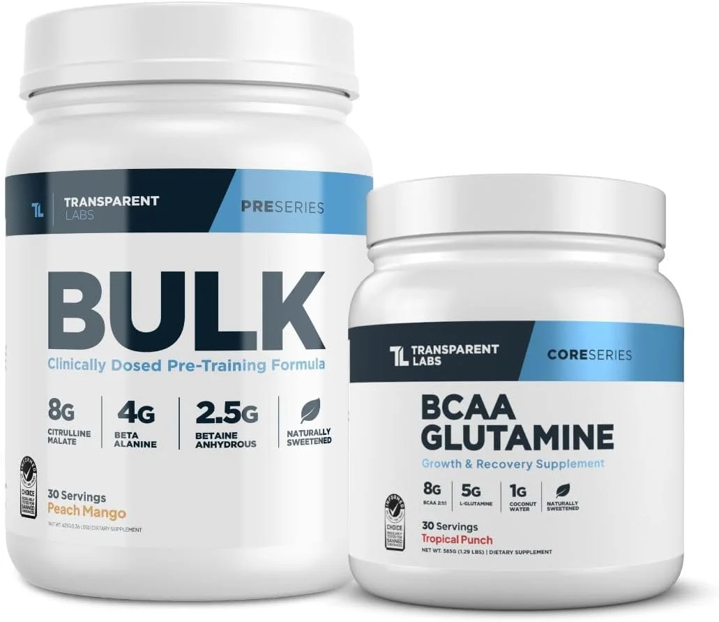 مکمل قبل از تمرین بالک ترنسپرنت لبز (30 سروینگ، هلو انبه) و بی سی ای ای گلوتامین (30 سروینگ، پانچ استوایی)