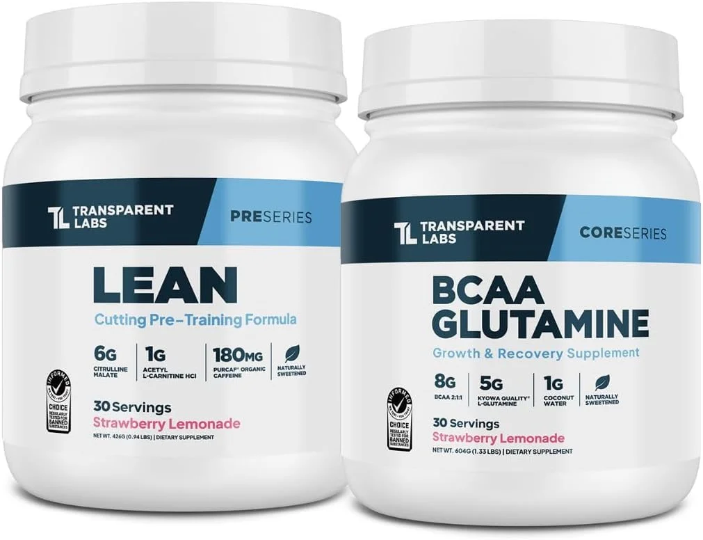 پودر مکمل ورزشی قبل تمرین لِین ترنسپرنت لبز (30 سروینگ، طعم لیموناد توت فرنگی) و بی سی ای ای گلوتامین (30 سروینگ، طعم لیموناد توت فرنگی)