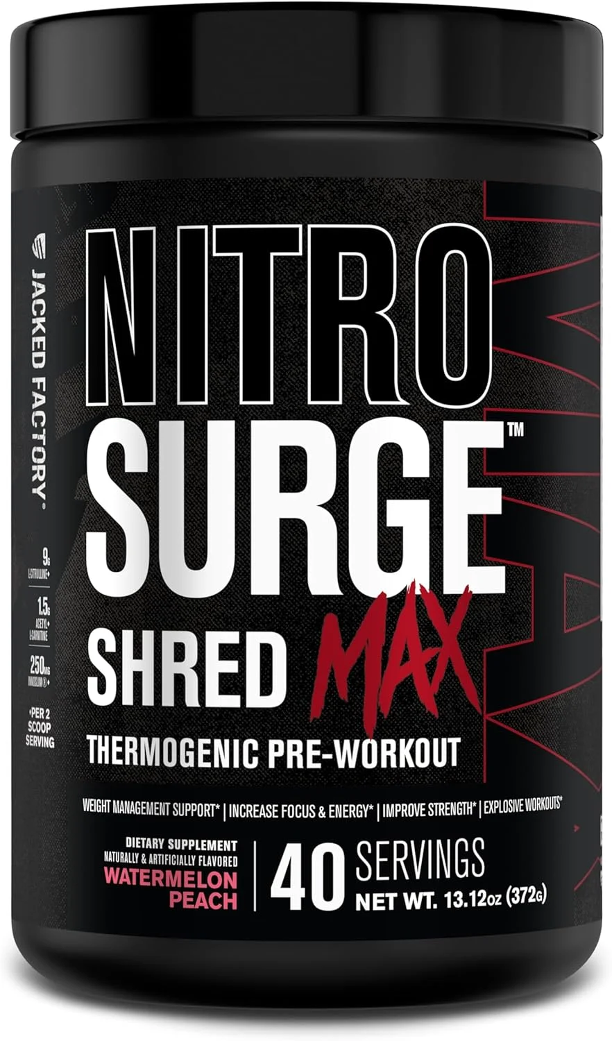 پودر قبل از تمرین ترموژنیک با عملکرد بالا Jacked Factory Nitrosurge Shred Max برای مردان و زنان - ال سیترولین، استیل ال کارنیتین، کافئین ارگانیک - 40 سروینگ، هندوانه هلو