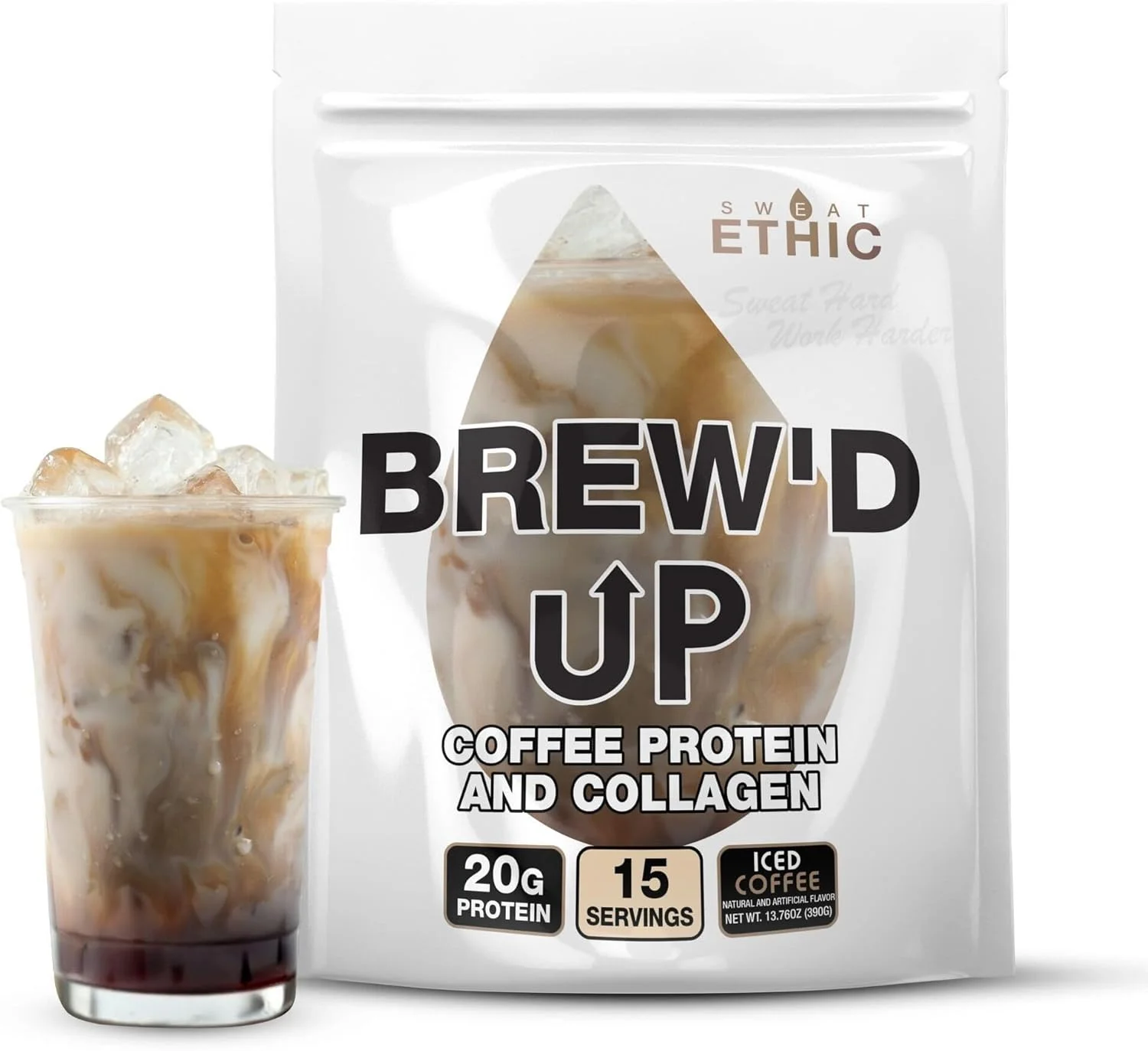 قهوه پروتئینی کلاژن Sweat Ethic Brew’D UP، پروتئین وی ایزوله و پپتیدهای کلاژن، کافئین طبیعی، لاکتوز کم، بدون شکر افزوده، پروتئین با قابلیت ترکیب آسان، طعم قهوه سرد، 15 سروینگ