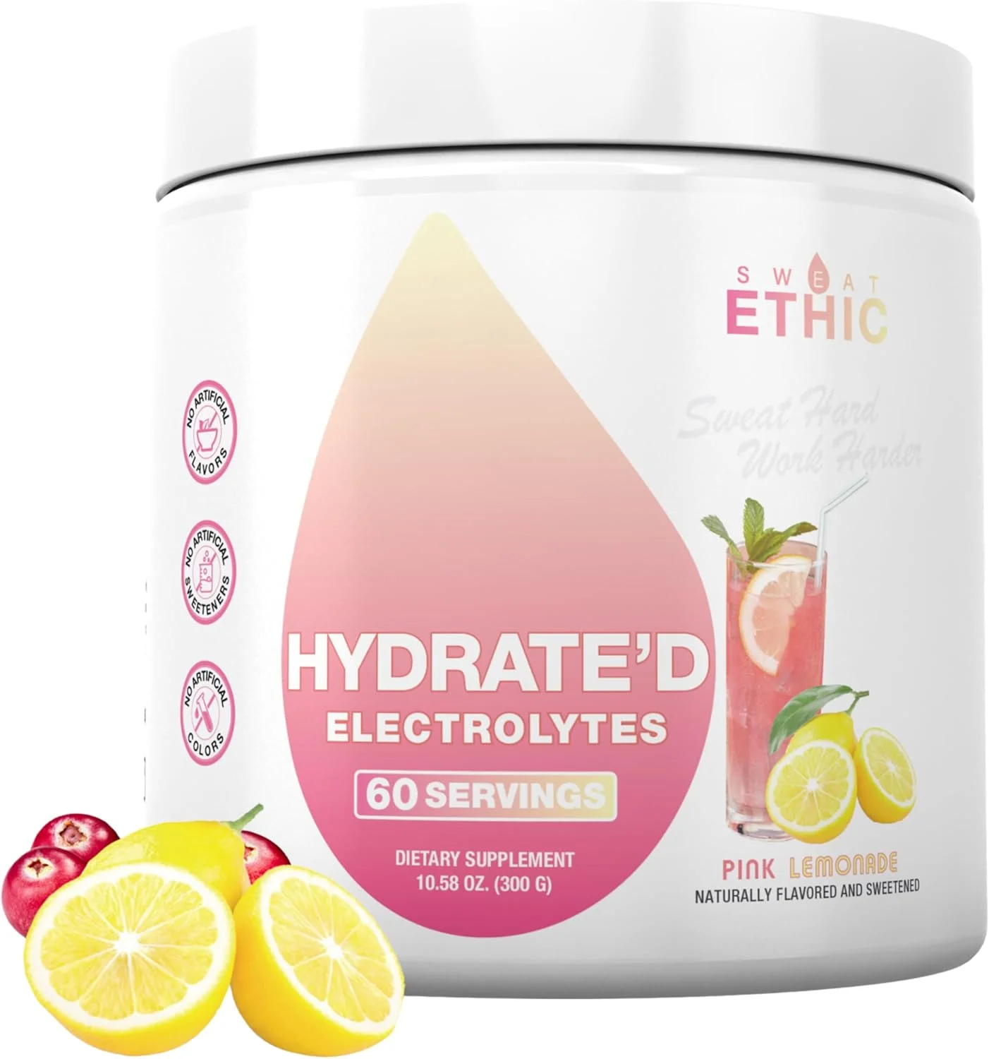 پودر الکترولیت هیدراته Sweat Ethic، پودر الکترولیت حاوی پتاسیم، منیزیم و ویتامین C، پودر مخلوط آسان برای پشتیبانی از هیدراتاسیون و عملکرد، طعم لیموناد صورتی، 60 سروینگ