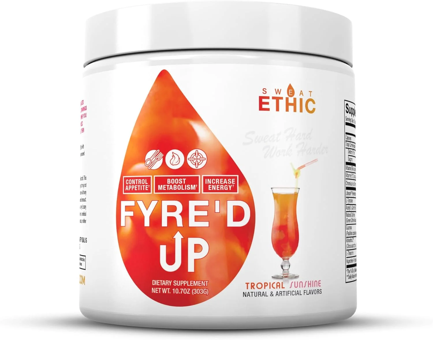مخلوط نوشیدنی انرژی‌زا و کنترل‌کننده اشتها Sweat Ethic FYRE’D UP، حاوی 200 میلی‌گرم کافئین طبیعی، پشتیبانی از سبک زندگی فعال و کنترل هوس، پودر مخلوط آسان برای انرژی قبل از تمرین، طعم تروپیکال سان‌شاین، 30 سروینگ