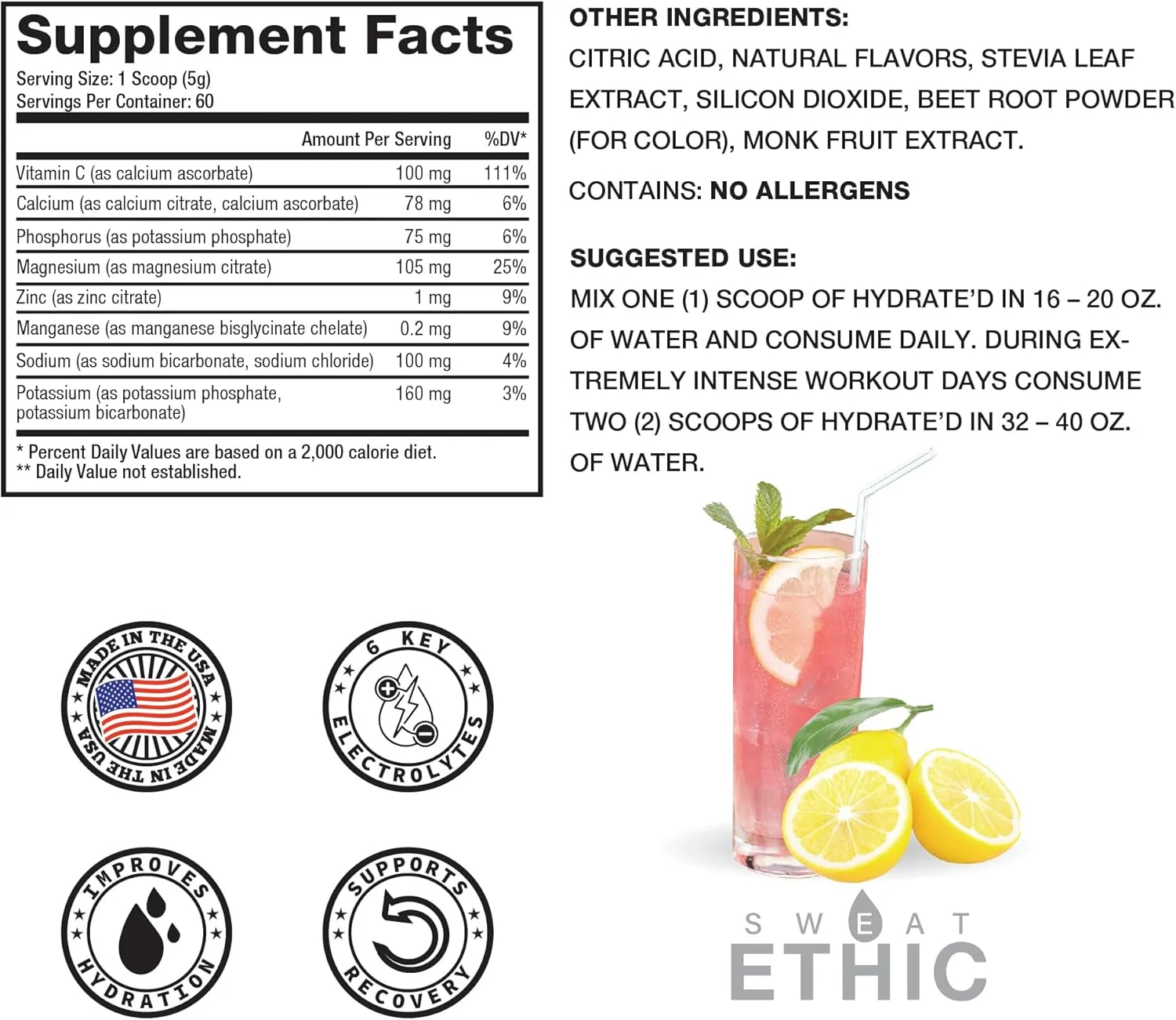 پودر الکترولیت هیدراته Sweat Ethic، پودر الکترولیت حاوی پتاسیم، منیزیم و ویتامین C، پودر مخلوط آسان برای پشتیبانی از هیدراتاسیون و عملکرد، طعم لیموناد صورتی، 60 سروینگ