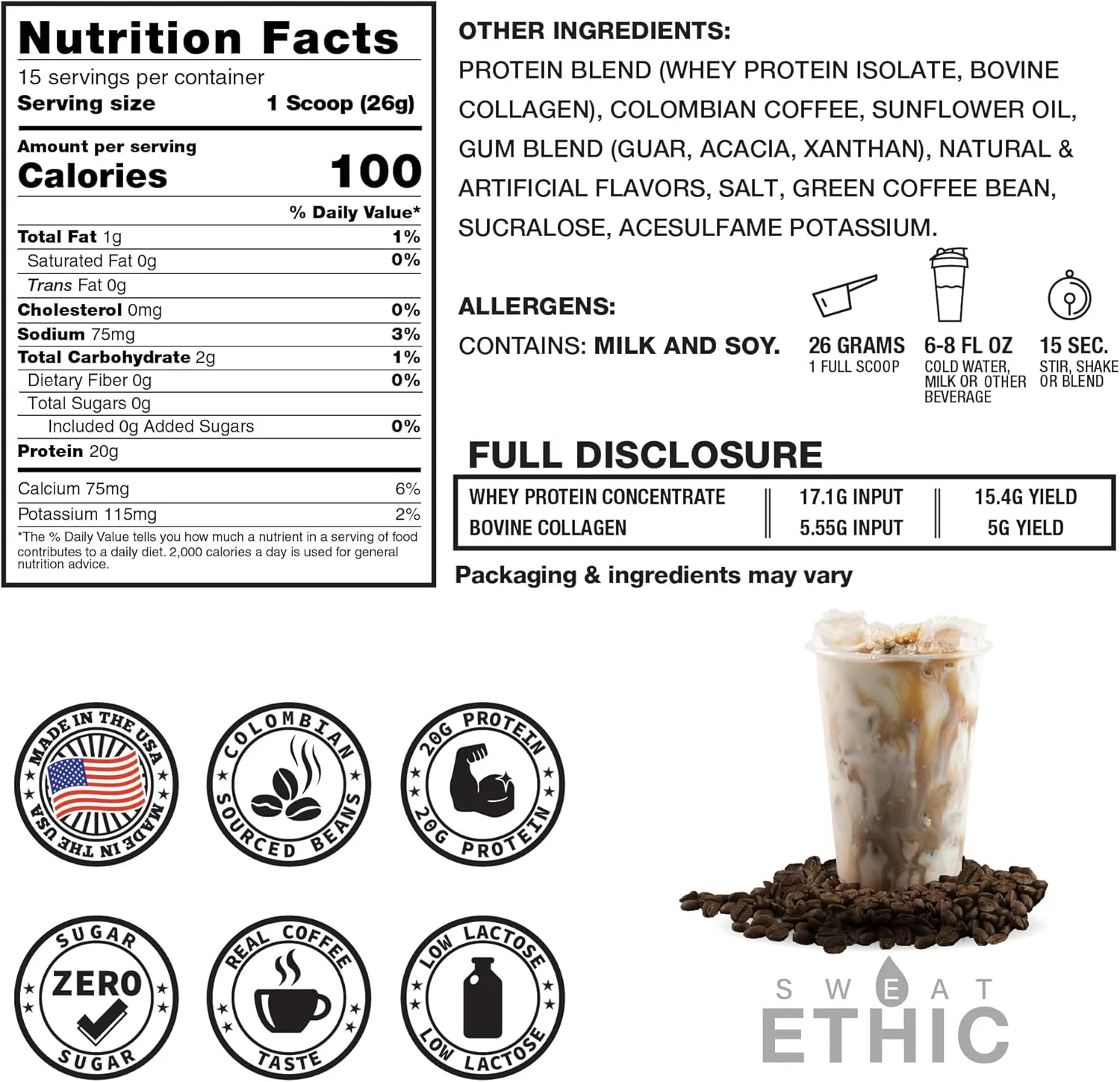 قهوه پروتئینی کلاژن Sweat Ethic Brew’D UP، پروتئین وی ایزوله و پپتیدهای کلاژن، کافئین طبیعی، لاکتوز کم، بدون شکر افزوده، پروتئین با قابلیت ترکیب آسان، طعم قهوه سرد، 15 سروینگ
