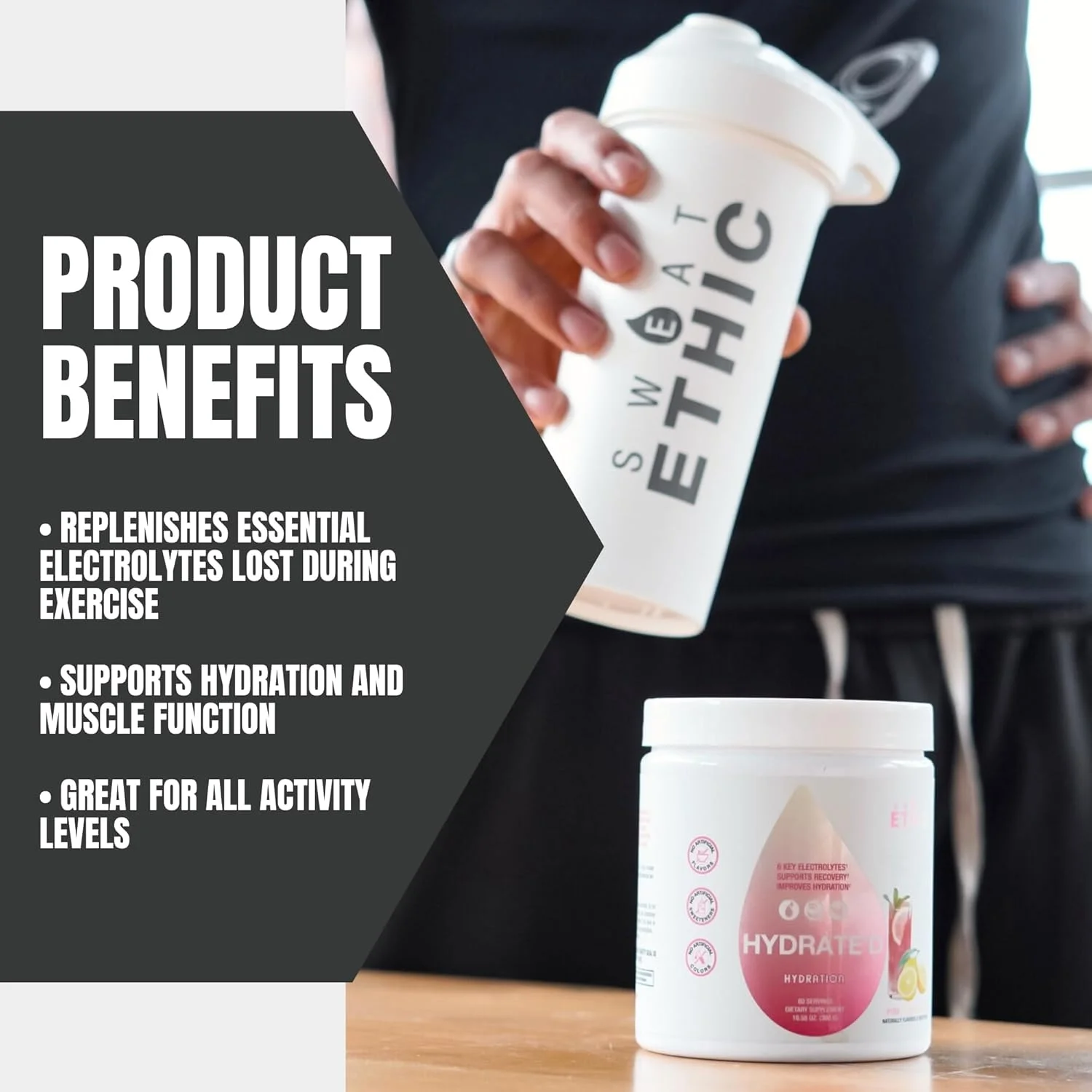 پودر الکترولیت هیدراته Sweat Ethic، پودر الکترولیت حاوی پتاسیم، منیزیم و ویتامین C، پودر مخلوط آسان برای پشتیبانی از هیدراتاسیون و عملکرد، طعم لیموناد صورتی، 60 سروینگ