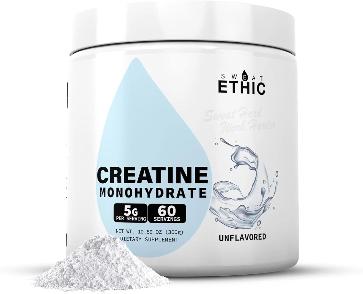 کراتین مونوهیدرات Sweat Ethic، 5 گرم کراتین در هر وعده، بدون طعم، پشتیبانی از تمرین و قدرت، به راحتی با آب یا هر نوشیدنی مخلوط می شود، بدون مواد افزودنی، مکمل ورزشی برای مردان و زنان، 60 سروینگ