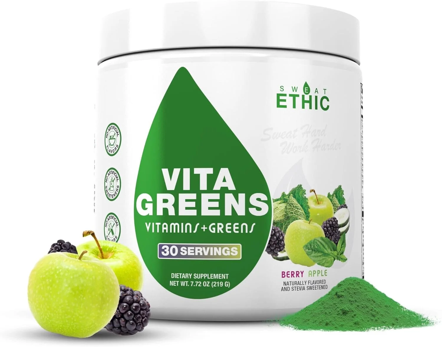 پودر سوپرفود سبزیجات Vita Greens Sweat Ethic، مولتی ویتامین روزانه با آنزیم های گوارشی، پروبیوتیک ها، پری بیوتیک ها و قرمزها برای مردان و زنان، شیرین شده با استویا، طعم سیب توت، 30 سروینگ