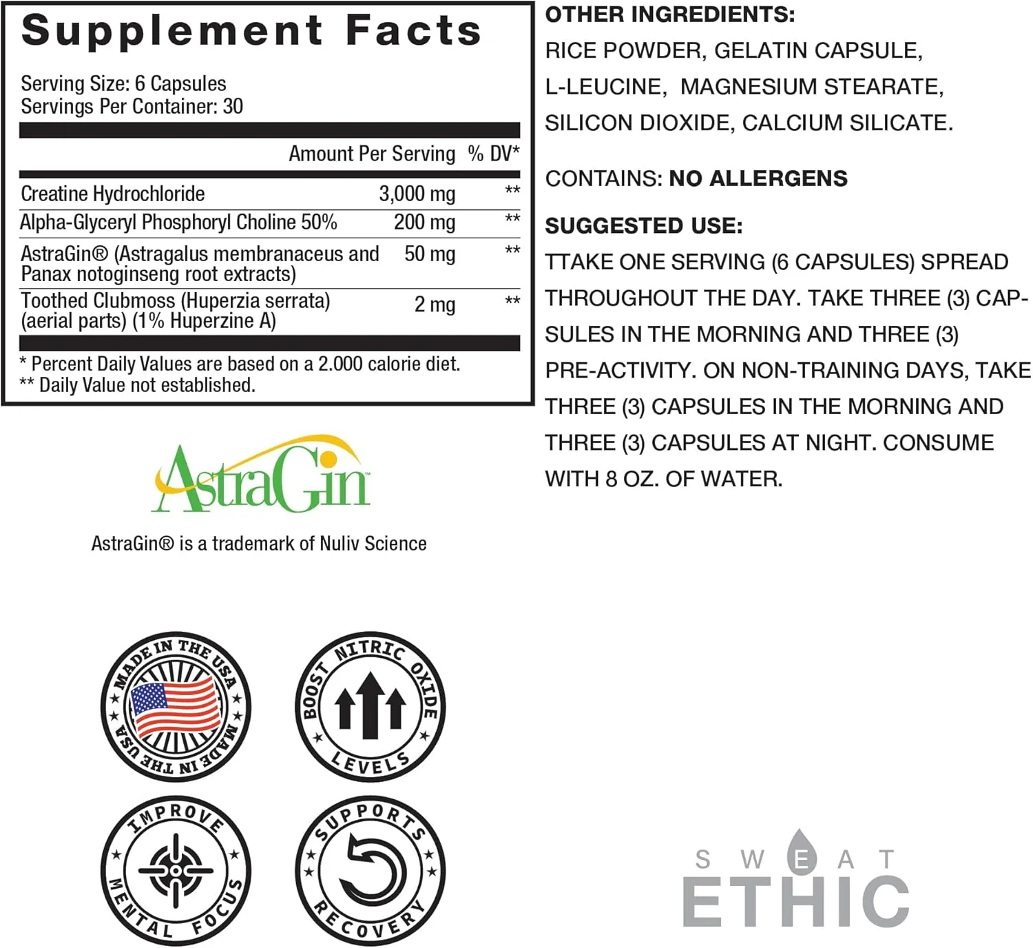 فرمول پشتیبانی روزانه Sweat Ethic Create’d کراتین و آداپتوژن ها، حاوی کراتین HCL، آلفا GPC و آستراژین، مکمل نوتراپیک و تناسب اندام برای تمرکز و عملکرد برای مردان و زنان، 180 عدد