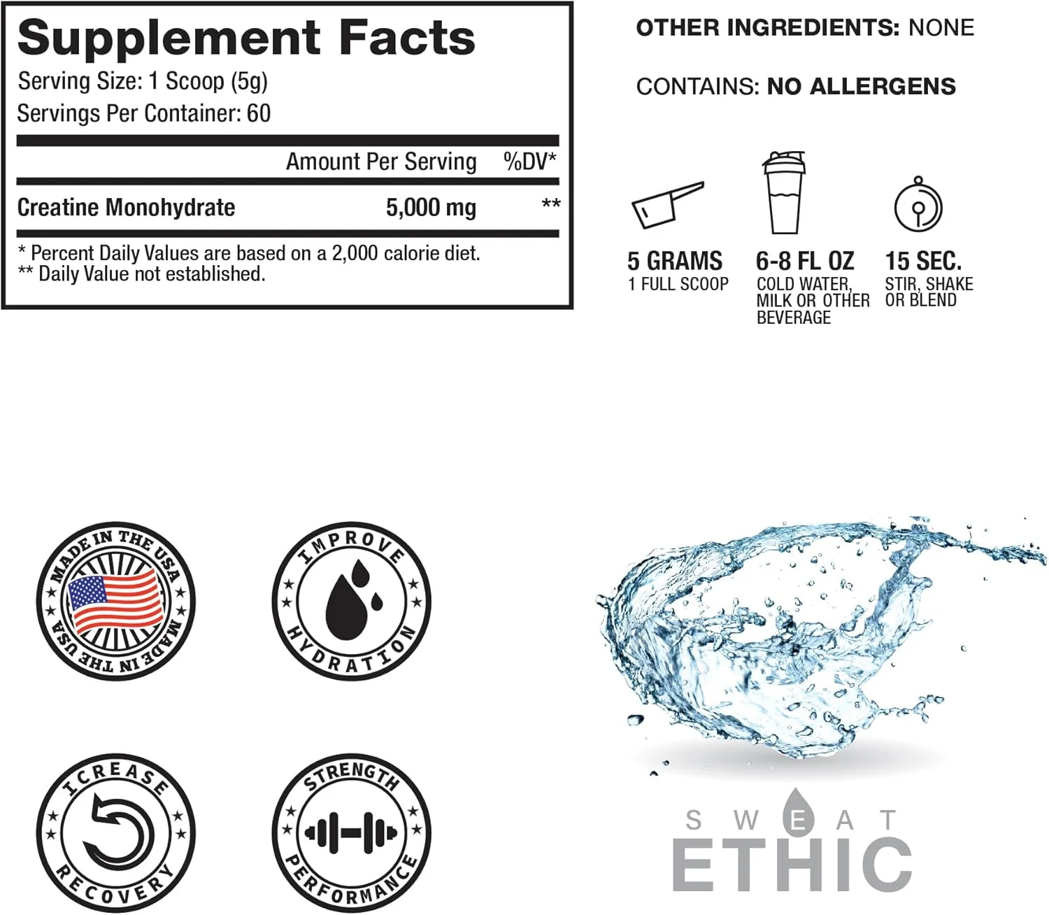 کراتین مونوهیدرات Sweat Ethic، 5 گرم کراتین در هر وعده، بدون طعم، پشتیبانی از تمرین و قدرت، به راحتی با آب یا هر نوشیدنی مخلوط می شود، بدون مواد افزودنی، مکمل ورزشی برای مردان و زنان، 60 سروینگ