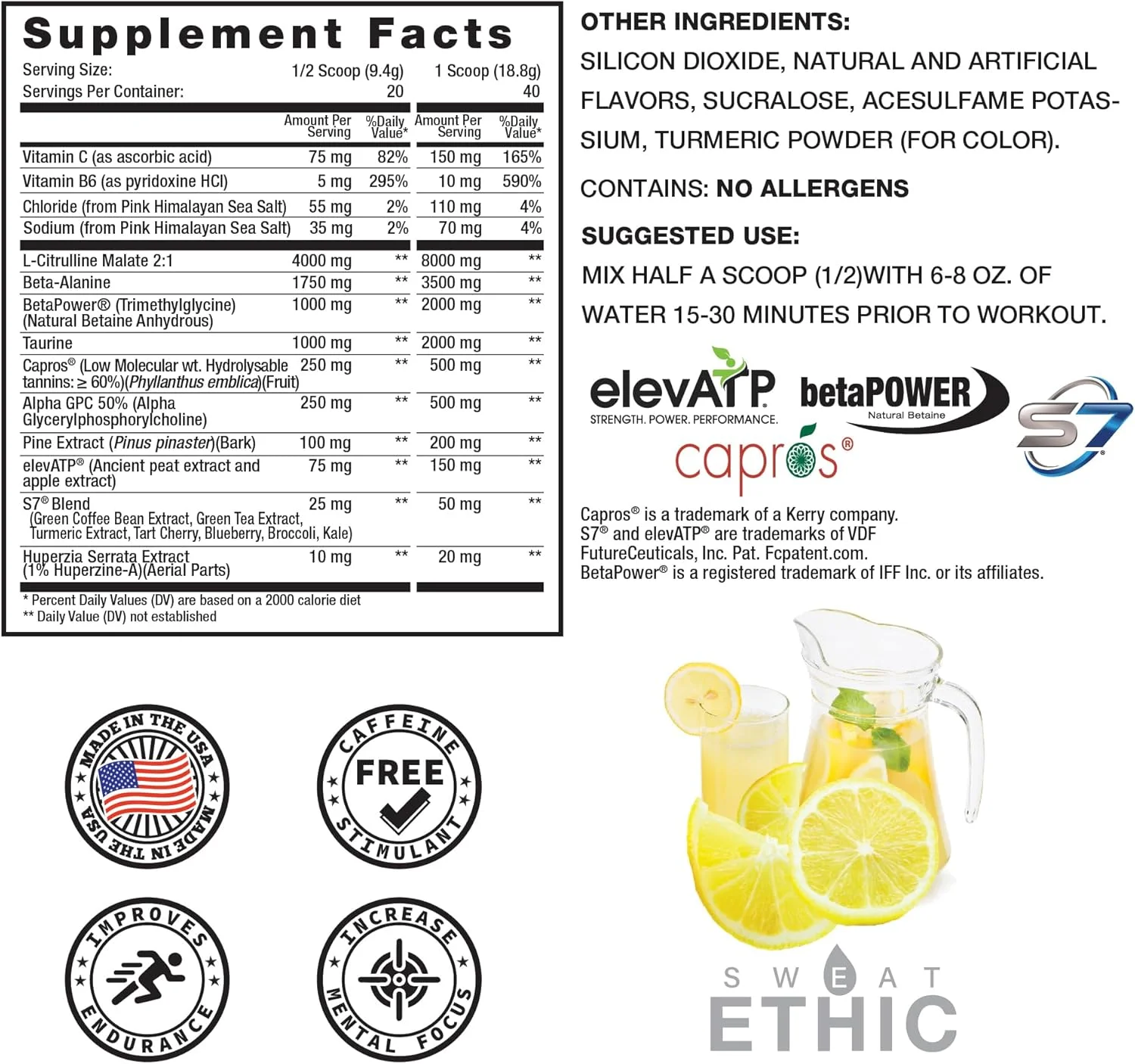 پودر مکمل قبل از تمرین پمپ Sweat Ethic، مکمل قبل از تمرین بدون کافئین با سیترولین مالات، بتا پاور، بتا آلانین، آملا، و آلفا GPC، مخلوط آسان، طعم لیموناد، 42 سروینگ