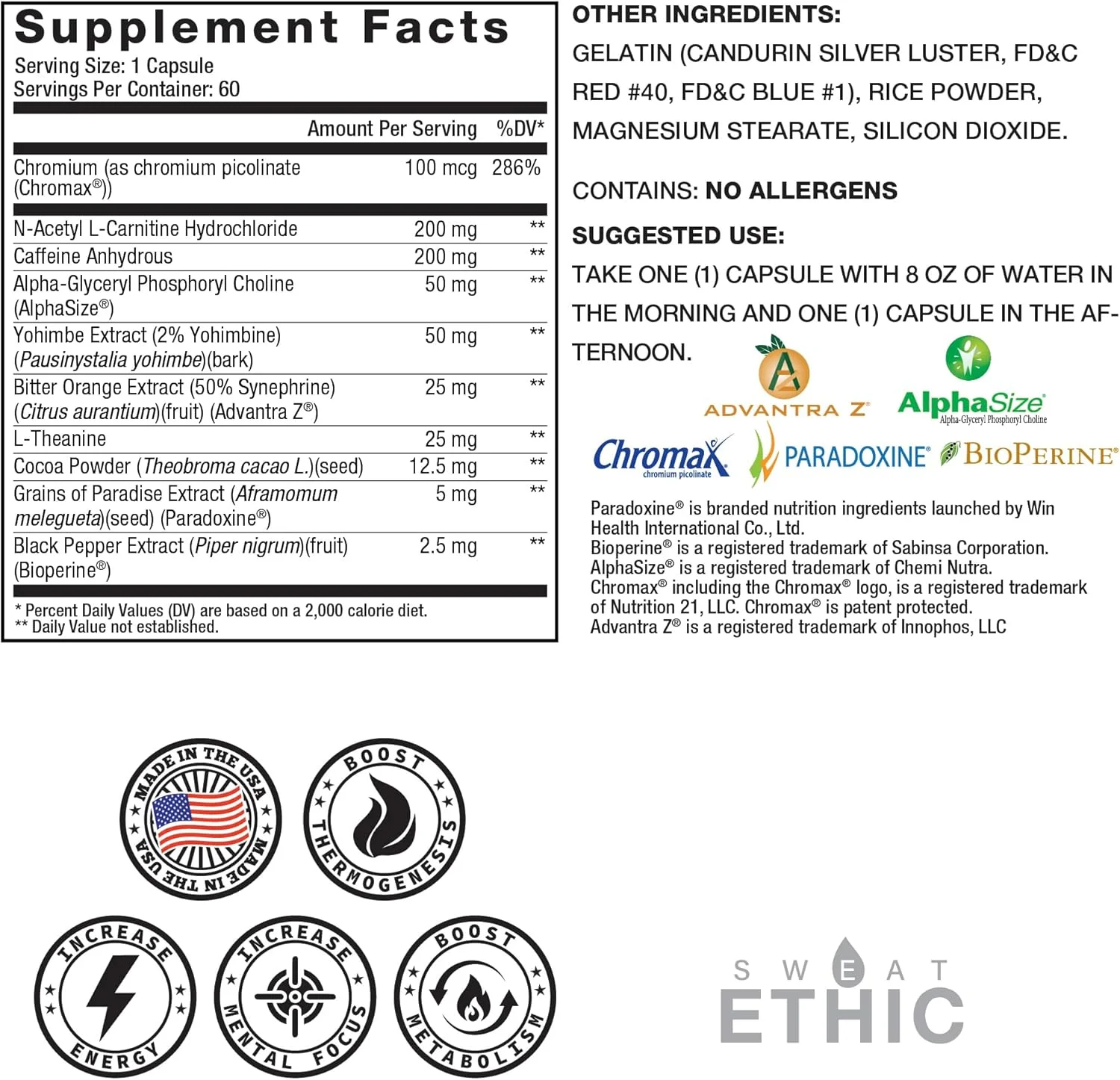 فرمول پشتیبانی ترموژنیک Sweat Ethic Ignite با Advantra Z، عصاره چای سبز و پوست یوهیمبه، انرژی روزانه، پشتیبانی از تمرکز برای سبک زندگی فعال، کپسول های آسان برای مصرف برای مردان و زنان، 60 عدد