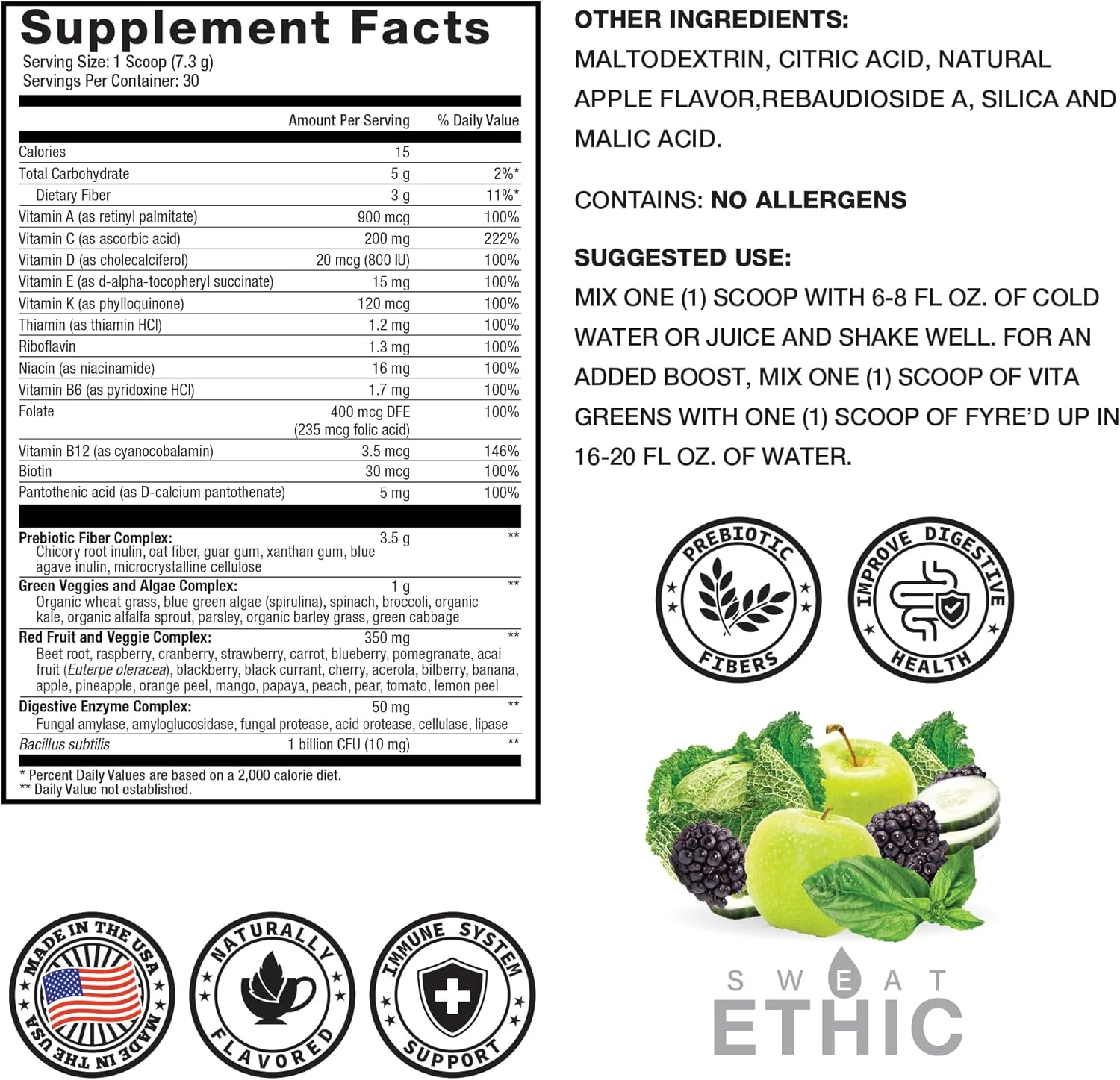 پودر سوپرفود سبزیجات Vita Greens Sweat Ethic، مولتی ویتامین روزانه با آنزیم های گوارشی، پروبیوتیک ها، پری بیوتیک ها و قرمزها برای مردان و زنان، شیرین شده با استویا، طعم سیب توت، 30 سروینگ