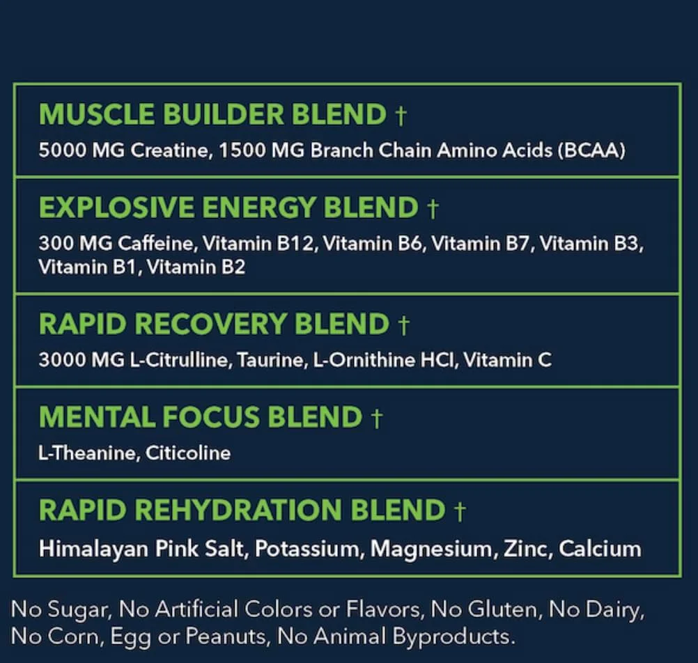 پودر قبل از تمرین عضله ساز | عضله + پمپاژ + انرژی | حاوی بیش از 20 مکمل، بدون نیاز به پیمانه | 5 گرم کراتین + 300 میلی گرم کافئین | بدون شکر | سیب سبز | 30 سروینگ
