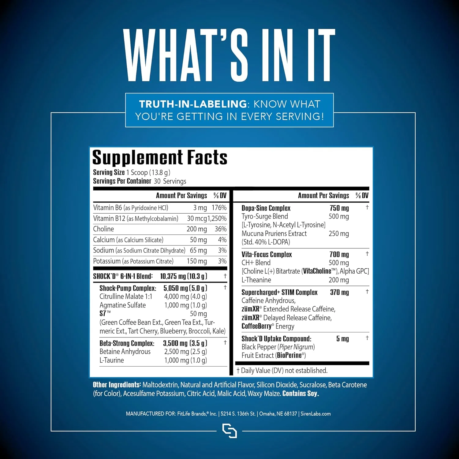 مکمل قبل از تمرین Shock’D Yoked High Stim – کافئین، تورین، سیترولین مالات، آگماتین، بتائین آنهیدروس – انرژی بالا و پمپ عضلانی قدرتمند – اکسید نیتریک – Flex on The Beach (30 سروینگ)