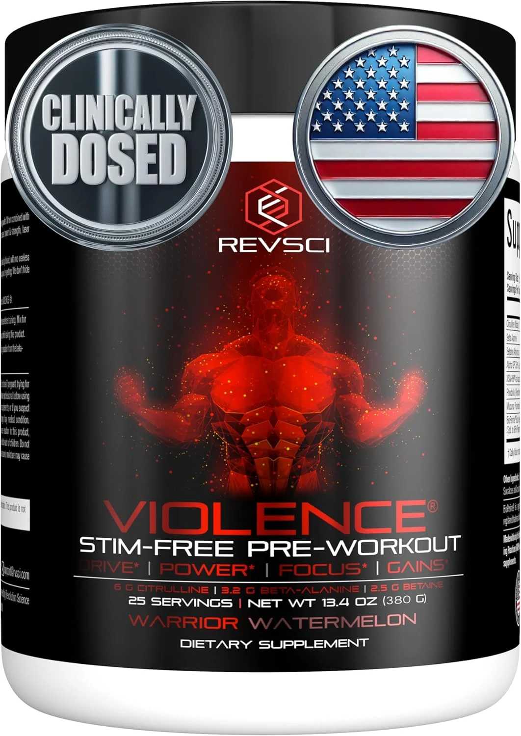پودر مکمل قبل از تمرین بدون محرک VIOLENCE از REVSCI، مکمل پمپ قبل از تمرین با دوز دقیق و بدون محرک، مکمل پمپ و نیتریک بدون محرک، هندوانه، 25 سروینگ