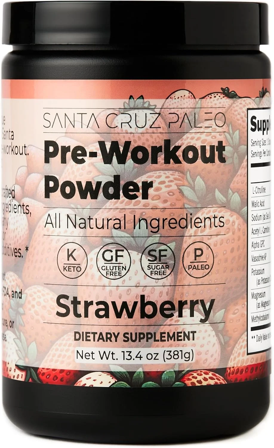پودر مکمل ورزشی قبل تمرین سانتا کروز پالیو با الکترولیت ها، منیزیم، پتاسیم، نمک دریا و ال سیترولین، بدون کافئین و شکر، طعم توت فرنگی، 30 سروینگ