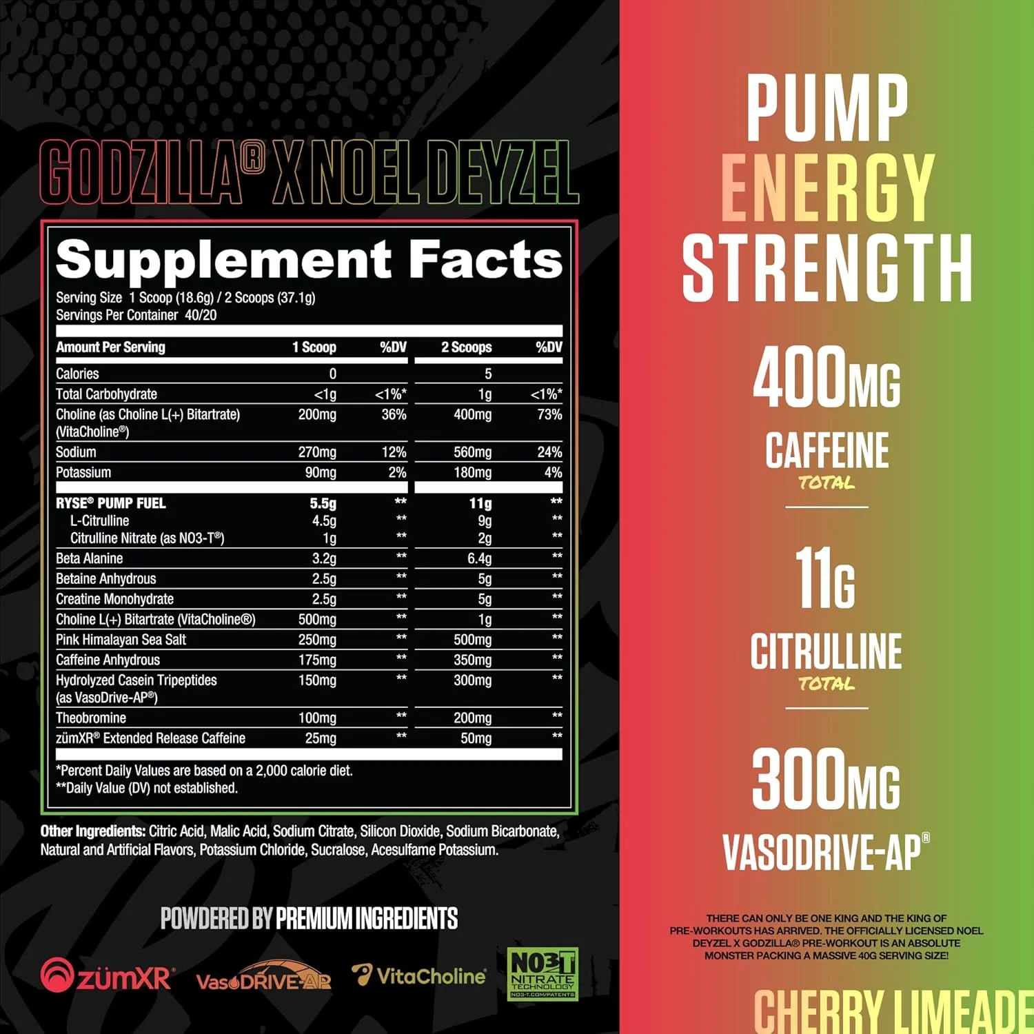 پودر مکمل قبل از تمرین RYSE Godzilla X Noel Deyzel - طعم لیموناد آلبالو - حاوی 400 میلی گرم کافئین، محرک قوی قبل از تمرین برای آقایان و بانوان به همراه سیترولین و بتا آلانین - افزایش انرژی، پمپ عضلانی و تمرکز - 20/40 سروینگ