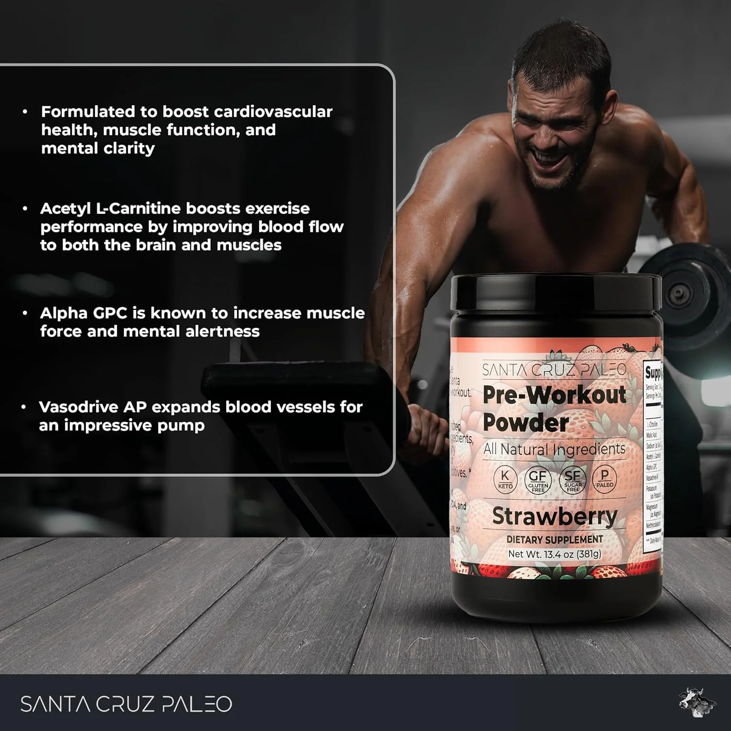 پودر مکمل ورزشی قبل تمرین سانتا کروز پالیو با الکترولیت ها، منیزیم، پتاسیم، نمک دریا و ال سیترولین، بدون کافئین و شکر، طعم توت فرنگی، 30 سروینگ