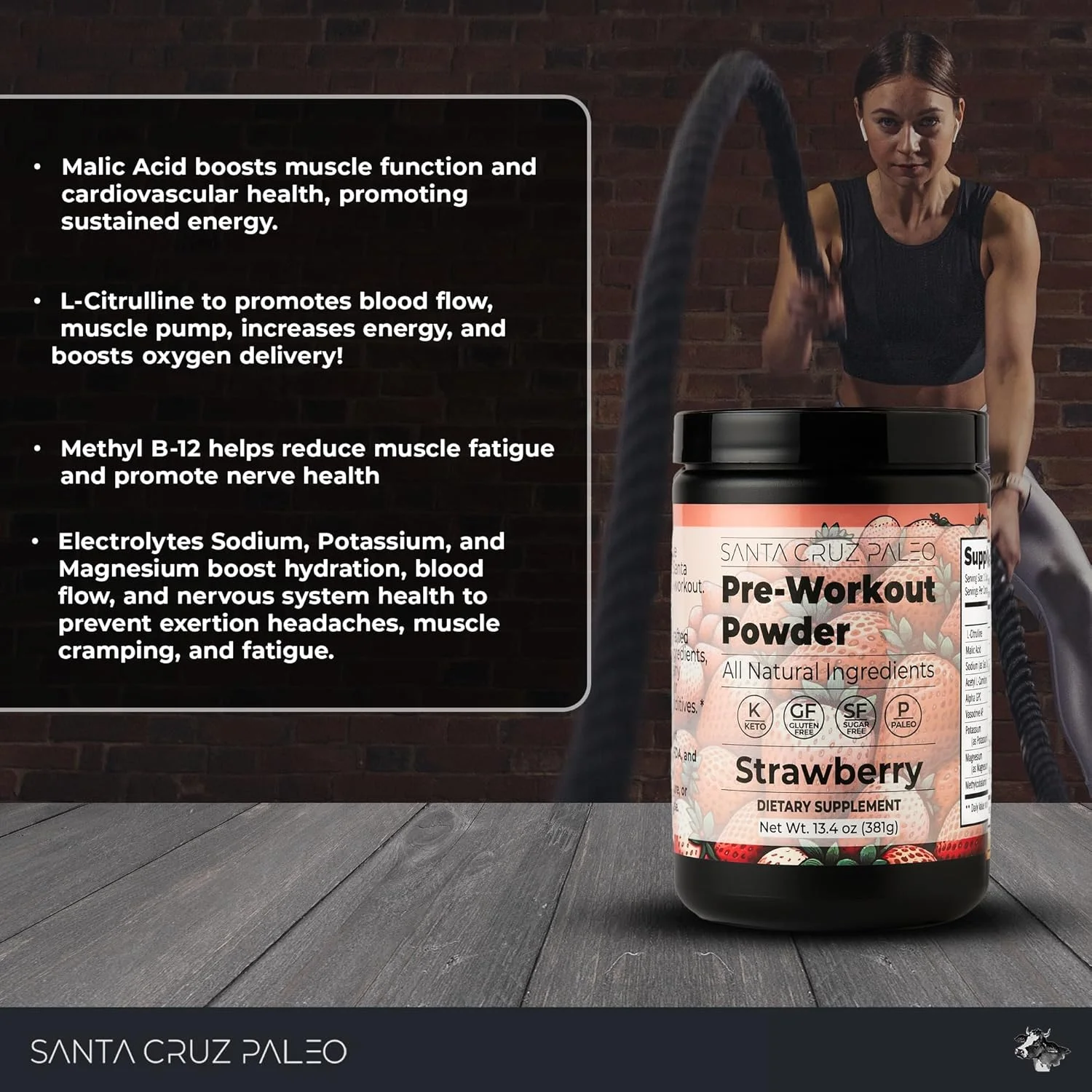 پودر مکمل ورزشی قبل تمرین سانتا کروز پالیو با الکترولیت ها، منیزیم، پتاسیم، نمک دریا و ال سیترولین، بدون کافئین و شکر، طعم توت فرنگی، 30 سروینگ