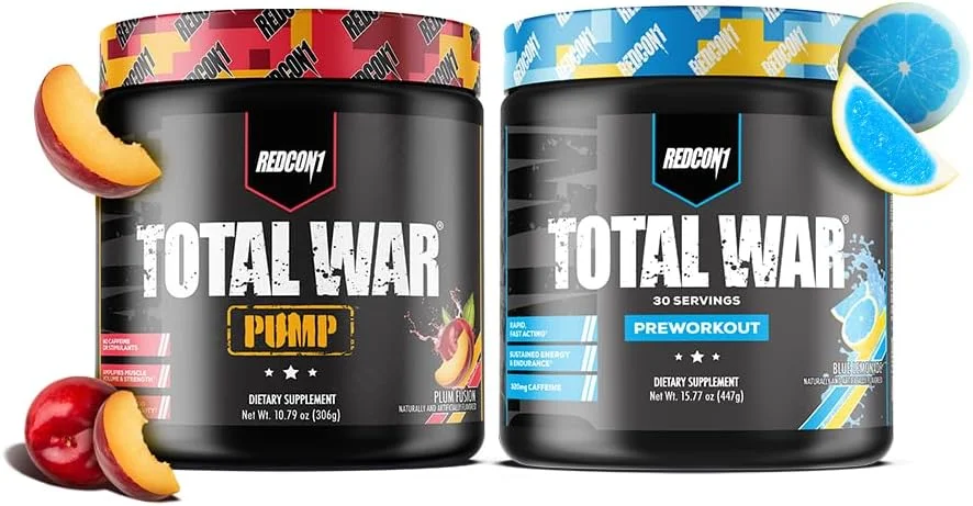 مجموعه پودر قبل از تمرین و پمپ REDCON1 - پودر قبل از تمرین Total War با طعم لیموناد آبی و پمپ با طعم آلو (30 سروینگ)
