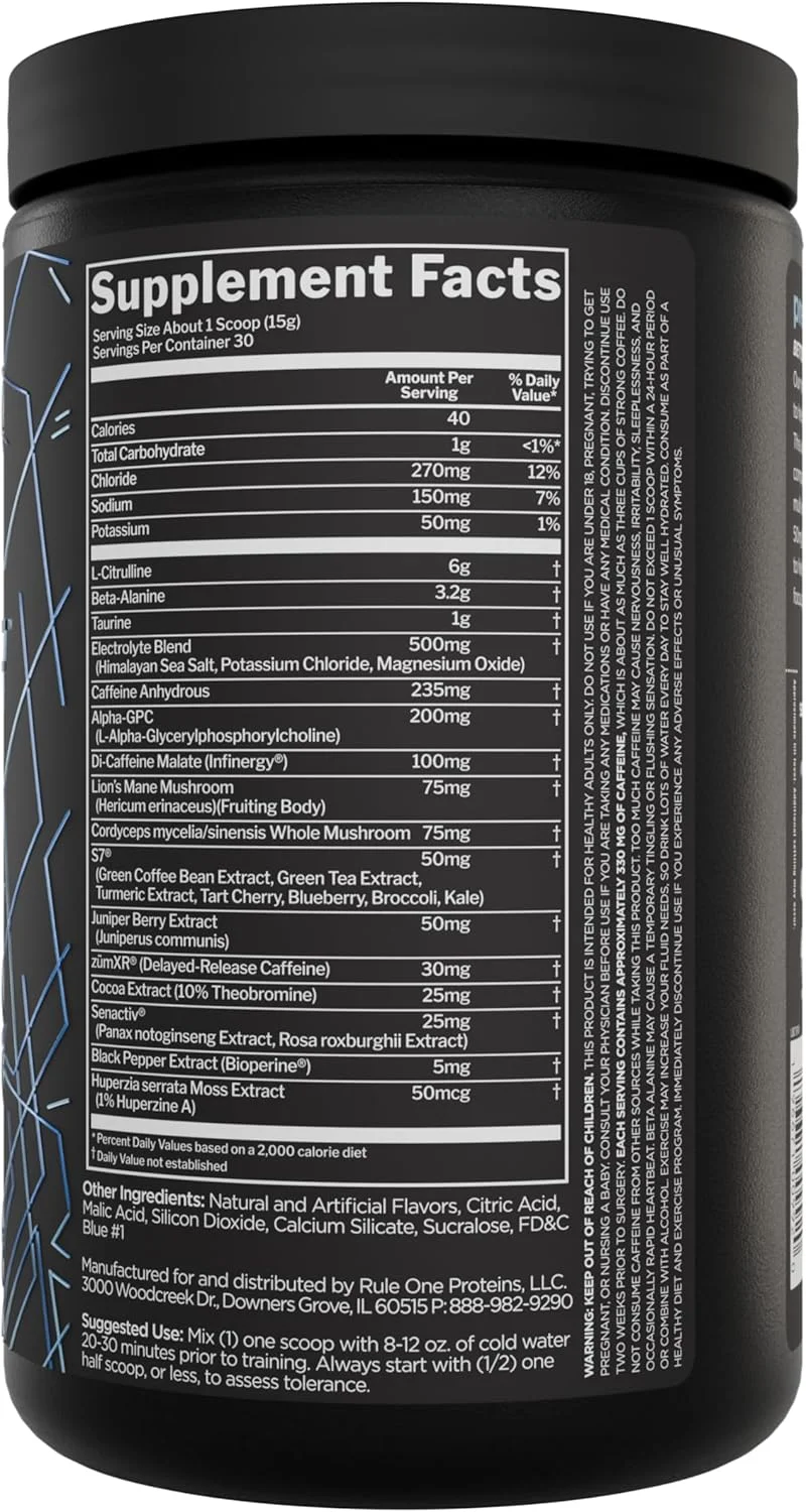 مکمل پیش از تمرین Rule 1 preLIFT، حاوی 6 گرم سیترولین، 3.2 گرم بتا آلانین، 3 منبع کافئین + 20 ماده دیگر برای انرژی، هوشیاری و استقامت (30 سروینگ، تمشک آبی)