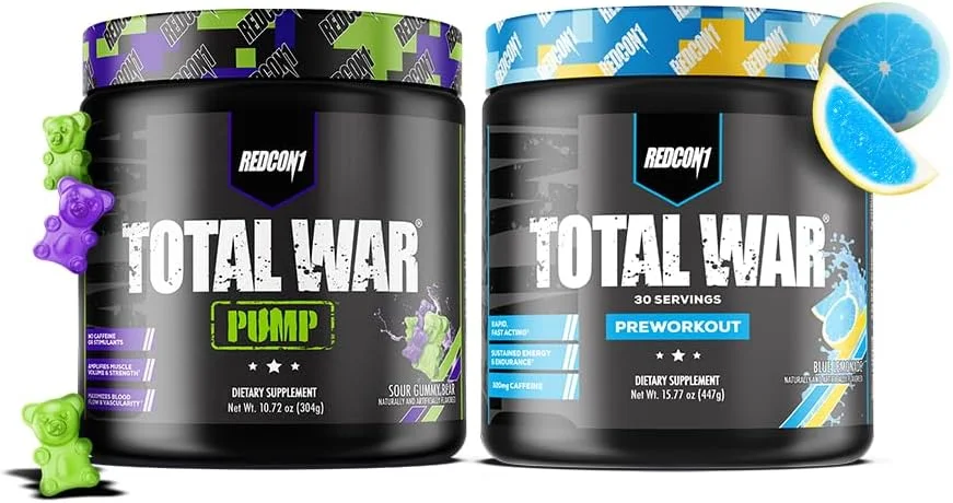 مجموعه پودر قبل از تمرین REDCON1 - Total War و پمپ - Total War با طعم لیموناد آبی و پمپ با طعم پاستیل خرسی ترش (30 سروینگ)