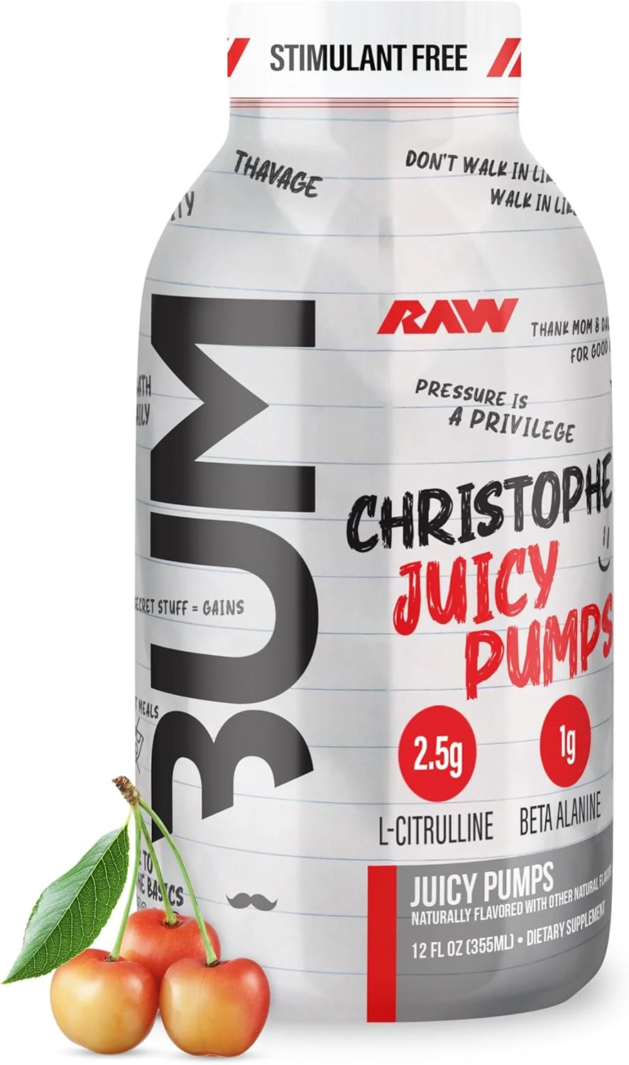 نوشیدنی قبل از تمرین آماده مصرف RAW، پمپ های آبدار (گیلاس سفید) - نوشیدنی مکمل انرژی بدون قند RTD پمپ باسن - نوشیدنی های انرژی زا بدون کافئین و بدون قند با ال-سیترولین، 355 میلی لیتر