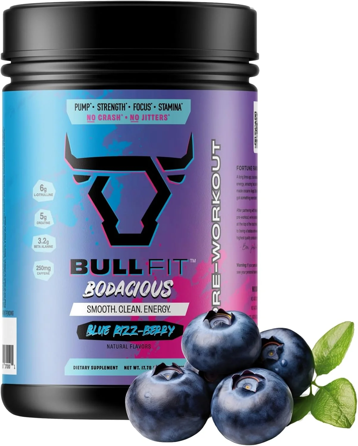 پودر مکمل قبل از تمرین BULLFIT، پشتیبانی برای مردان و زنان، ال سیترولین، کراتین، بتا آلانین و الکترولیت ها، مخلوط نوشیدنی پودری بدون سوکرالوز و بدون شکر، 20 سروینگ (20 سرو، تمشک آبی)