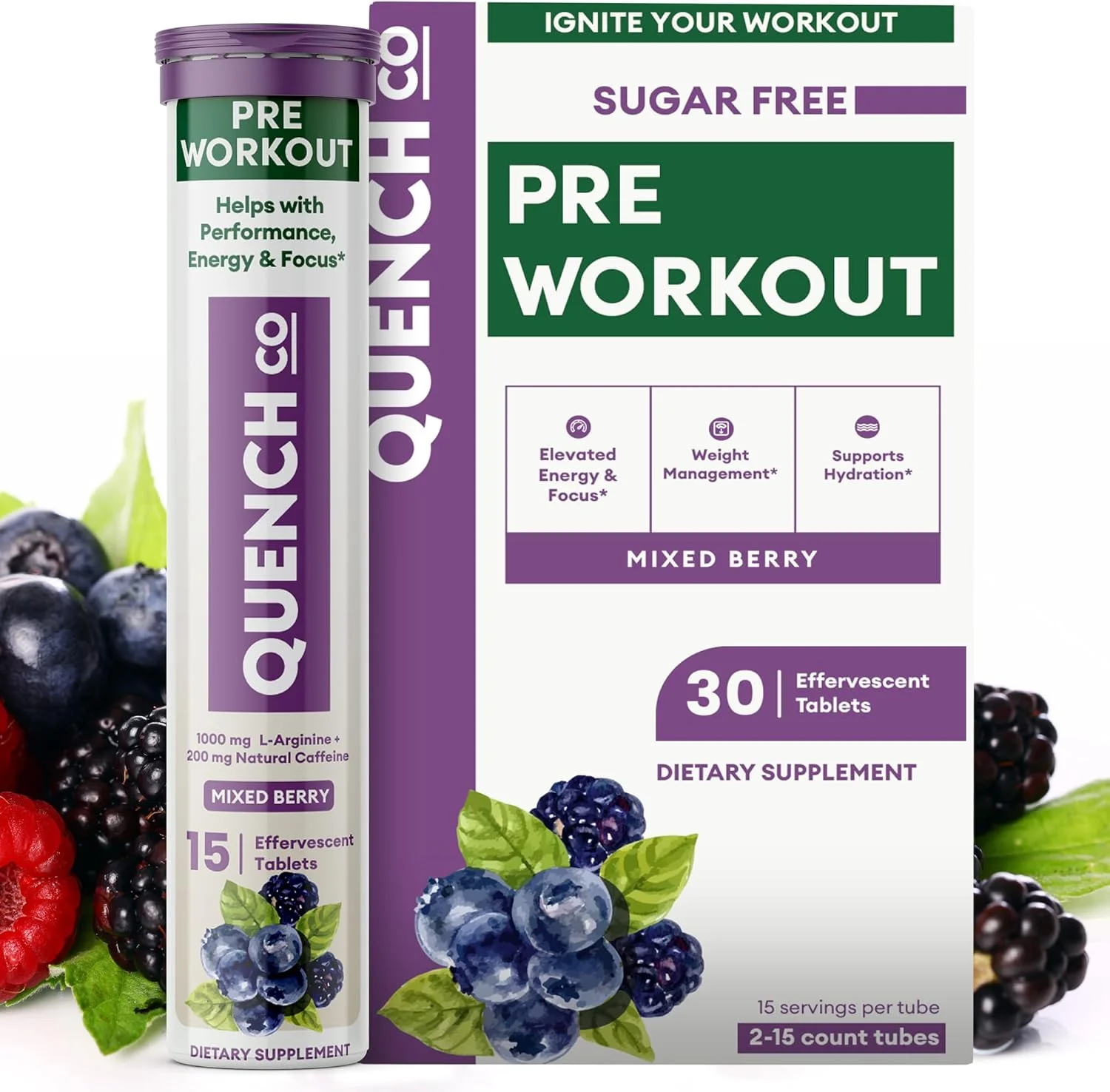 قرص جوشان قبل از تمرین Quench برای آقایان و بانوان - افزایش انرژی و تمرکز با ال-آرژنین، کافئین طبیعی - پشتیبانی از مدیریت وزن و هیدراتاسیون - وگان، کتو، بدون سویا، 30 عدد