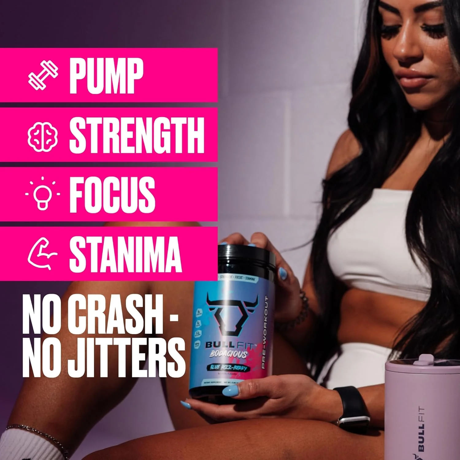 پودر مکمل قبل از تمرین BULLFIT، پشتیبانی برای مردان و زنان، ال سیترولین، کراتین، بتا آلانین و الکترولیت ها، مخلوط نوشیدنی پودری بدون سوکرالوز و بدون شکر، 20 سروینگ (20 سرو، تمشک آبی)