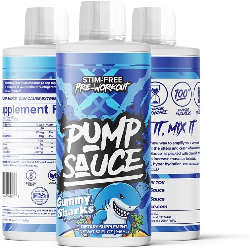 مکمل پمپ قبل از تمرین - 946 میلی لیتر، طعم کوسه پاستیلی، بدون کافئین، طیف کامل مایع، بدون گلوتن، وگان، بدون شکر