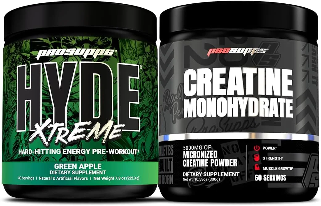 مکمل پیش از تمرین انرژی زا PROSUPPS Hyde Xtreme، سیب سبز، و بسته کراتین 300