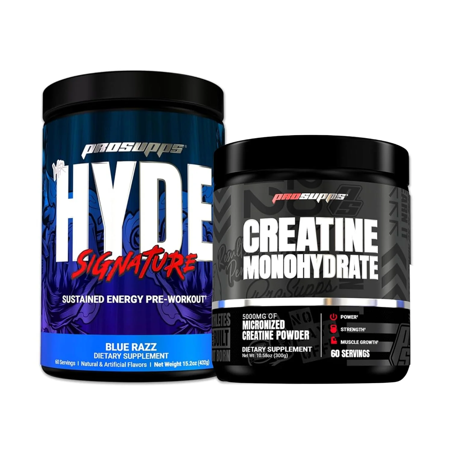مکمل پیش از تمرین انرژی پایدار PROSUPPS Hyde Signature، بلورزبری - 60 سروینگ، و بسته کراتین 300