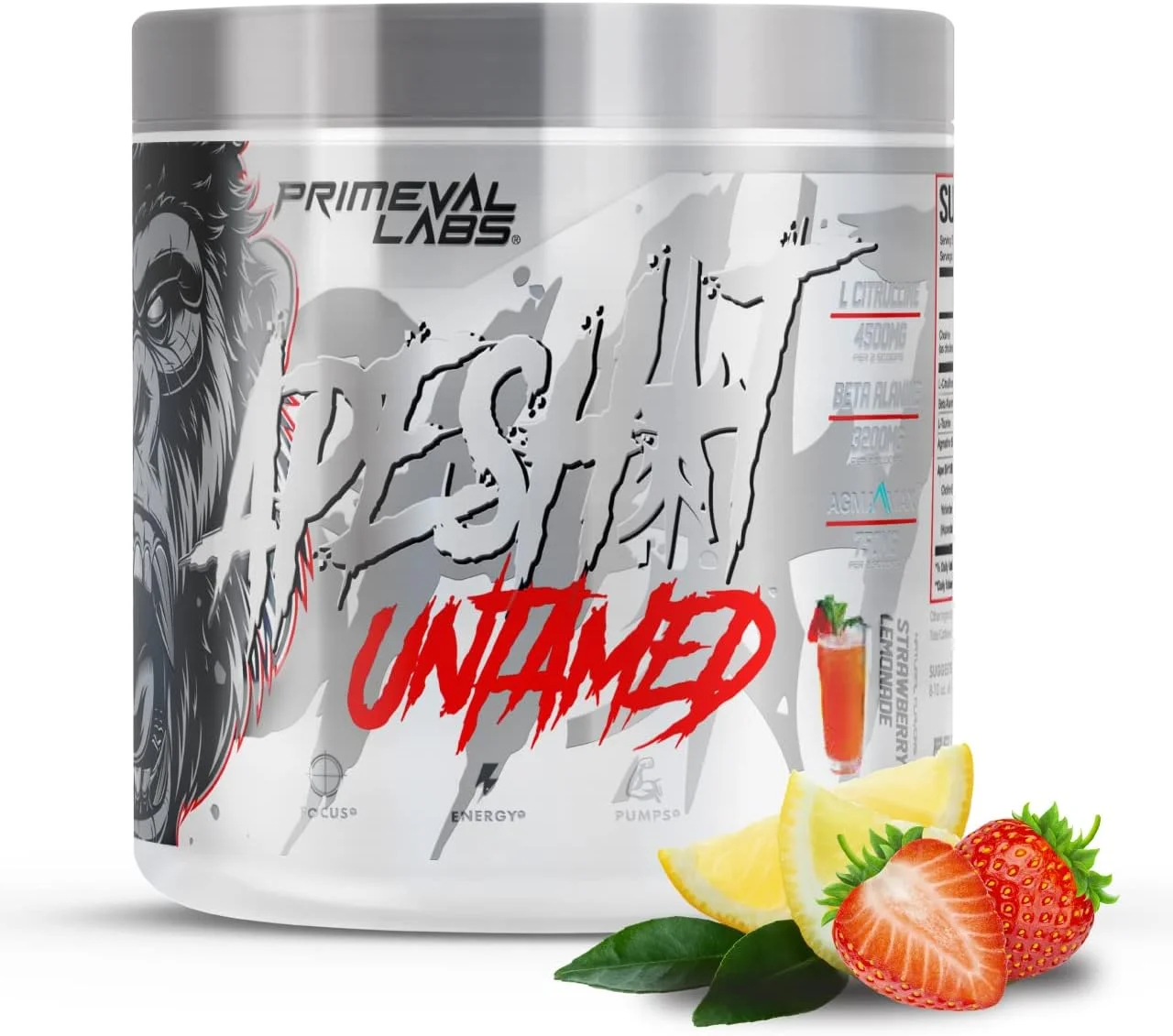 پودر نوشیدنی انرژی زا قبل از تمرین Primeval Labs Ape Untamed، 40 سروینگ طعم لیموناد توت فرنگی، حداکثر پشتیبانی برای پمپ و تمرکز، افزایش عملکرد، تولید نیتریک اکسید با ال-سیترولین، بتا آلانین