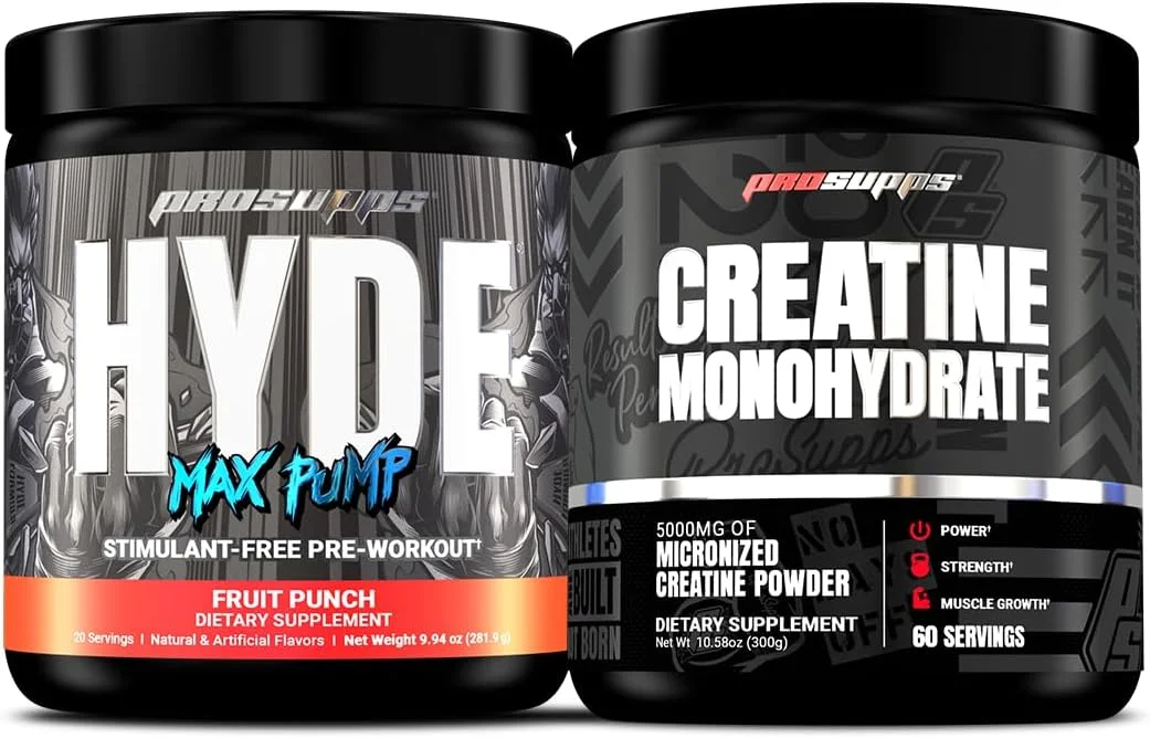 پمپ قبل از تمرین بدون محرک PROSUPPS Hyde Max Pump، پانچ میوه و بسته 300 گرمی کراتین