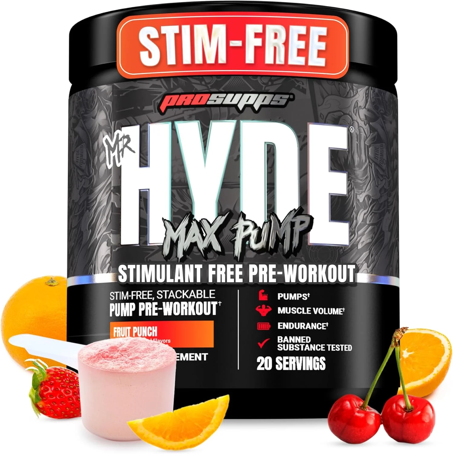 پودر مکمل قبل از تمرین PROSUPPS Mr. Hyde Max Pump - مکمل قبل از تمرین بدون محرک برای پشتیبانی از جریان خون، حجم عضلانی و استقامت - مکمل های ورزشی و تناسب اندام اکسید نیتریک بدون کافئین (پانچ میوه، 20 سروینگ)