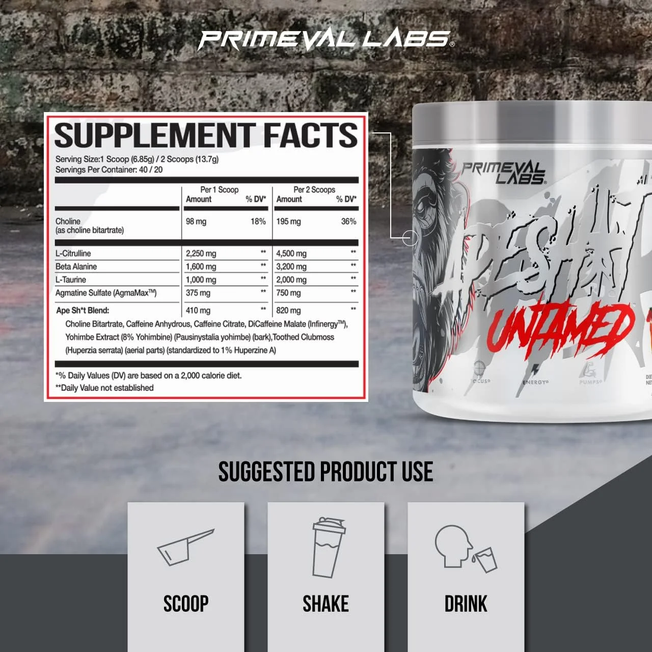 پودر نوشیدنی انرژی زا قبل از تمرین Primeval Labs Ape Untamed، 40 سروینگ طعم لیموناد توت فرنگی، حداکثر پشتیبانی برای پمپ و تمرکز، افزایش عملکرد، تولید نیتریک اکسید با ال-سیترولین، بتا آلانین
