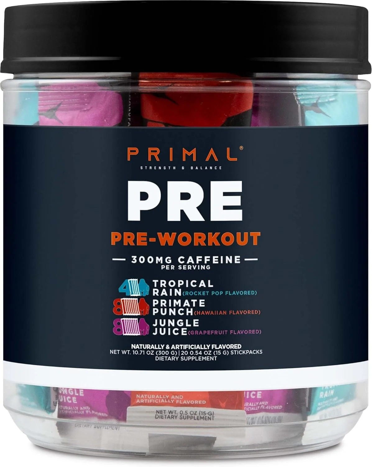 پک متنوع پودر انرژی زا قبل از تمرین پریمال، با طعم های باران استوایی + پانچ پستاندار + آبمیوه جنگلی (20 ساشه) - 300 میلی گرم کافئین در هر وعده