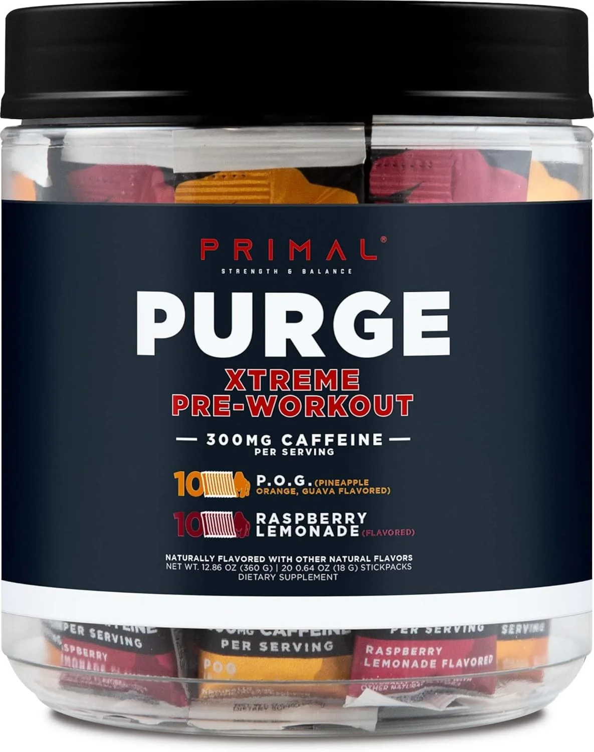 پک متنوع پودر انرژی زا Primal Purge Xtreme، با طعم آناناس، پرتقال، گواوا (POG) + طعم تمشک و لیموناد (20 ساشه) - 300 میلی گرم کافئین در هر وعده