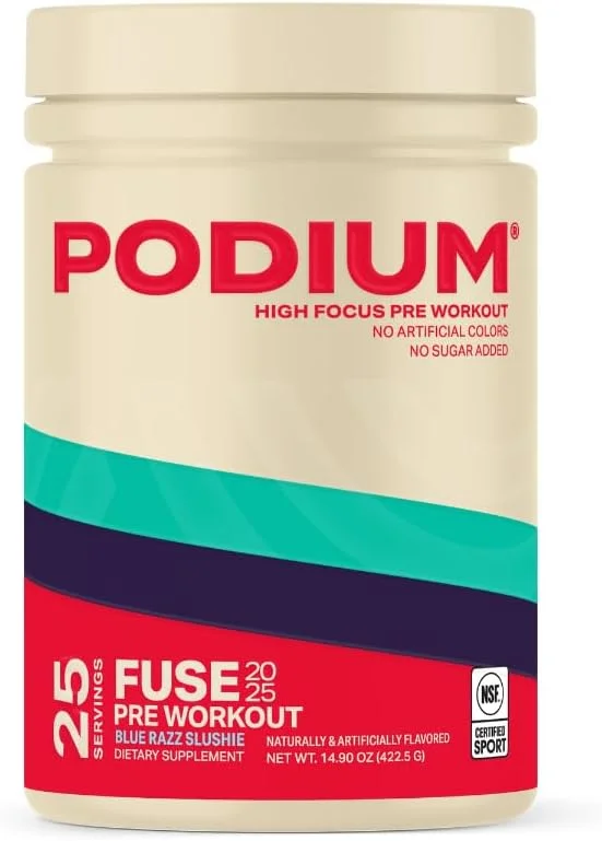 پودر مکمل قبل از تمرین Podium Nutrition, Fuse 2025، طعم بلوبری، 25 سروینگ، حاوی بتا آلانین و کافئین برای انرژی، بدون گلوتن، بدون سویا، بدون لبنیات