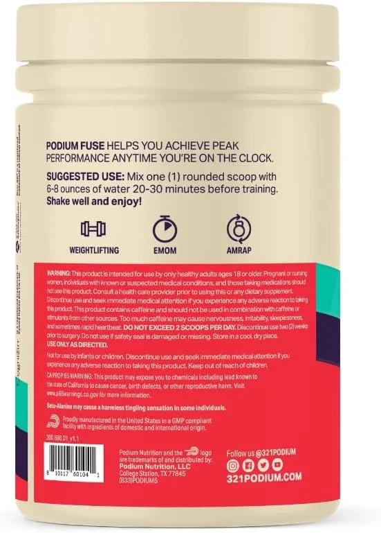 پودر مکمل قبل از تمرین Podium Nutrition, Fuse 2025، طعم بلوبری، 25 سروینگ، حاوی بتا آلانین و کافئین برای انرژی، بدون گلوتن، بدون سویا، بدون لبنیات