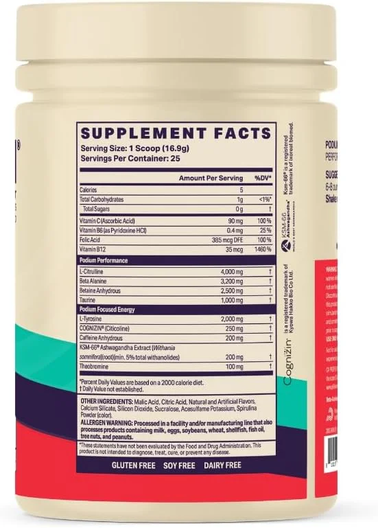 پودر مکمل قبل از تمرین Podium Nutrition, Fuse 2025، طعم بلوبری، 25 سروینگ، حاوی بتا آلانین و کافئین برای انرژی، بدون گلوتن، بدون سویا، بدون لبنیات