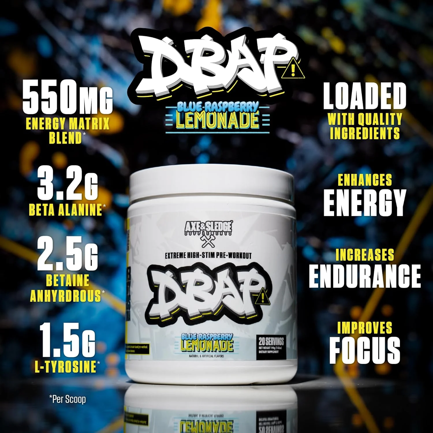 پودر قبل از تمرین DBAP Extreme High Stim | 400 میلی گرم کافئین | بتا آلانین، بتائین بدون آب، الکترولیت ها و تمرکز | مکمل قبل از تمرین High Stimulant | 20 سروینگ، تمشک آبی لیموناد