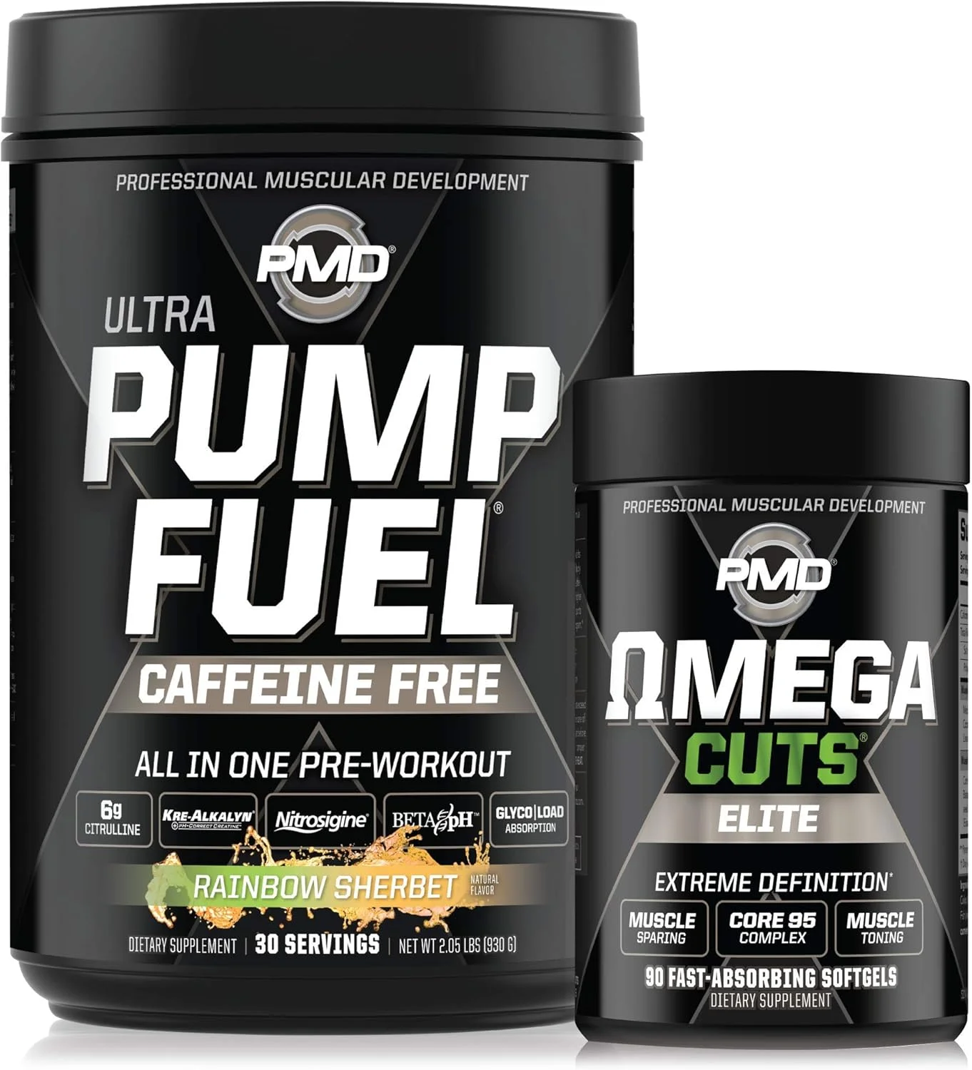 مکمل قبل از تمرین بدون کافئین PMD Sports Ultra Pump Fuel - طعم رنگین کمان (30 سروینگ) + چربی سوز ترموژنیک Sports Omega Cuts Elite (90 سافت ژل)