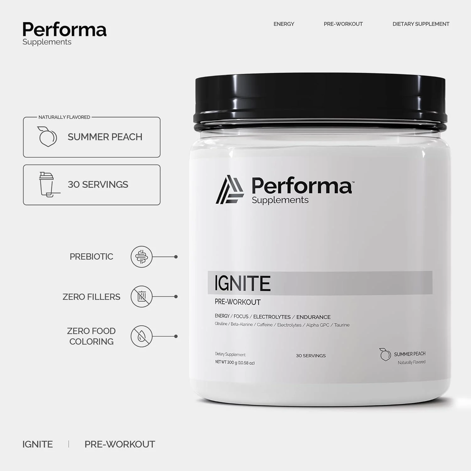 مکمل پیش از تمرین پرفورما ساپلمنتس ایگنایت با بتا آلانین، کافئین، سیترولین و آلفا جی پی سی شامل طعم دهنده طبیعی و بدون رنگ خوراکی - 30 سروینگ طعم هلوی تابستانی