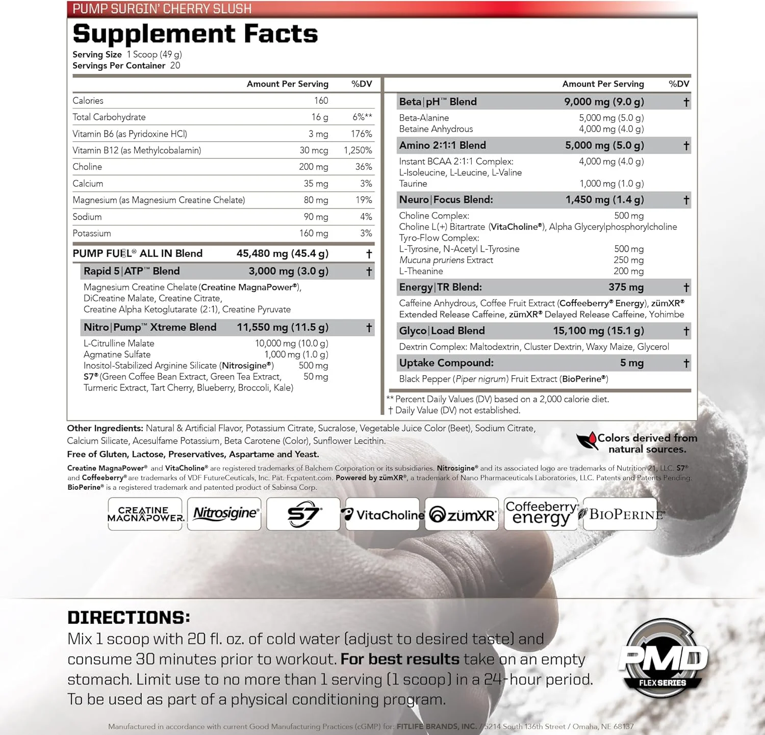 پودر قبل از تمرین و پمپ عضلانی PMD Sports Pump Fuel All in Insanity، انرژی، تمرکز، استقامت و ریکاوری حداکثری، کراتین و بتا آلانین، طعم پمپ سورجین' آلاسکا گیلاس، 20 سروینگ