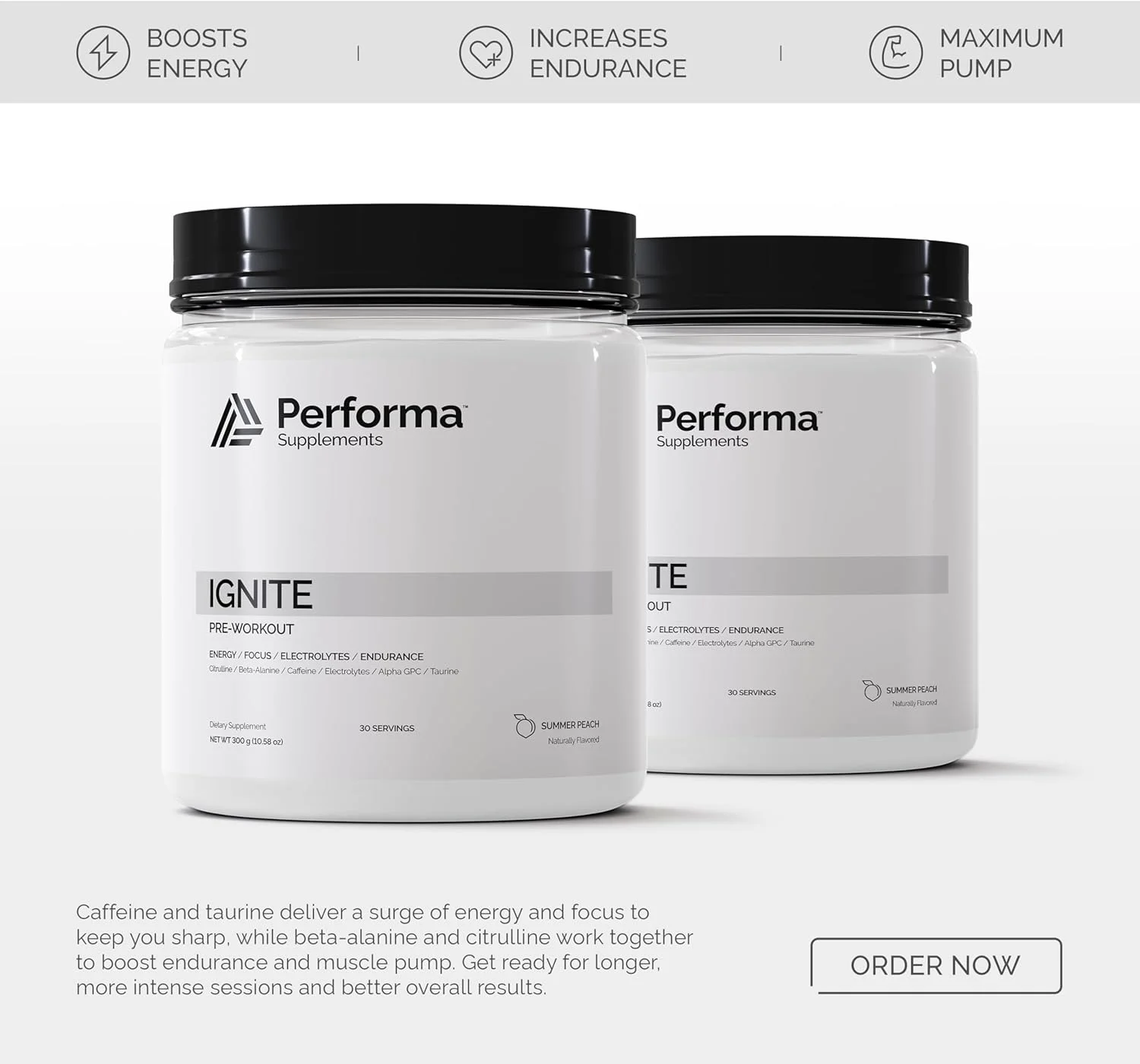 مکمل پیش از تمرین پرفورما ساپلمنتس ایگنایت با بتا آلانین، کافئین، سیترولین و آلفا جی پی سی شامل طعم دهنده طبیعی و بدون رنگ خوراکی - 30 سروینگ طعم هلوی تابستانی