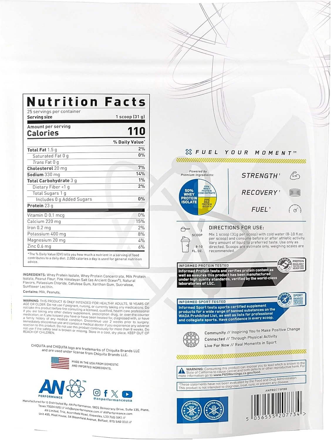 پودر پروتئین وی ای ان پرفورمنس | موز و کره بادام زمینی چیکویتا | 23 گرم پروتئین، 1 گرم شکر، 100% وی | بدون گلوتن، کم کربوهیدرات، کم چرب | مناسب برای کتو | آمینو اسیدهای ضروری برای عضلات | 25 سروینگ